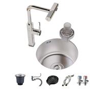 Évier de cuisine rond à encastrer sous/sur plan en acier inoxydable avec robinet extractible et fonctionnement silencieux, idéal pour caravanes, cuisines, salles à manger et bars.