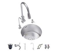 Évier de cuisine rond à encastrer sous/sur plan en acier inoxydable avec robinet extractible et fonctionnement silencieux, idéal pour caravanes, cuisines, salles à manger et bars.