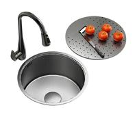 Évier De Cuisine Rond En Acier Inoxydable Avec Robinet Extractible Et Couvercle - Évier Poste De Travail Cuve Unique Encastrer Par Le Dessous, Pour Bar Cuisine Préparation(42X42X20cm)