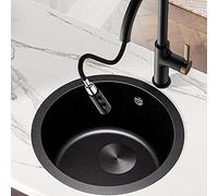 Évier de cuisine rond en pierre de quartz exquise noire avec robinet - 44 x 44 cm - Évier de bar de préparation pour station de travail familiale, idéal pour les cuisines modernes