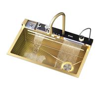 Évier de cuisine Smart Waterfall avec affichage numérique - Évier de station de travail nano en acier inoxydable à cuve unique et robinet monobloc (doré, 75 x 46 x 22 cm)