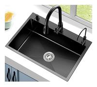 Évier de Cuisine sous Plan, Grand bac Simple, Noir et Gris, en Acier Inoxydable 304, cuve Profonde à Poser avec égouttoir et Robinet extractible (Dimensions : 65 x 45 cm)