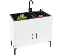 Évier de cuisine sur pied avec armoire inférieure et robinet, évier en acier inoxydable avec 2 bacs, égouttoir et unité de vidange, pour cuisine, jardin, atelier, buanderie, camping (blanc)