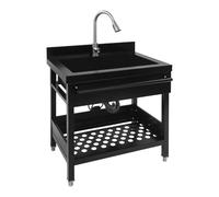 Évier de cuisine sur pied en acier inoxydable 86 cm avec robinet extensible pour restauration, lavabo avec protection anti-éclaboussures, 150 kg, pour garage, jardin, noir