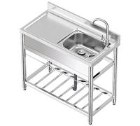 Évier de cuisine sur pied en acier inoxydable avec robinets, égouttoir, lavabo, établi et étagères de rangement doubles (100,1 x 51,1 x 80 cm)