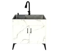 Évier de cuisine utilitaire avec armoire, buanderie, station de lavage des mains en acier inoxydable, robinet de pulvérisation noir à tirette, vanité spacieuse avec compartiment de rangement, pour sal