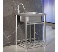 Évier de cuisine utilitaire en acier inoxydable, autoportant, avec tuyau d'eau froide/chaude, étagère de rangement, robinet, crépine, pour cuisines, salles de bains et garages (47 x 42 x 75 cm)