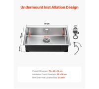 VEVOR Évier de cuisine, 70 cm, évier sous plan en acier inox 304, évier à encastrer cuve simple avec accessoires, évier de lave-vaisselle ménager pour camping-car, cuisine de préparation, buanderie