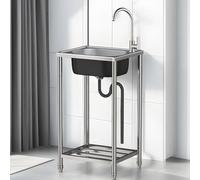 Évier de jardin autonome en acier inoxydable avec étagère de rangement et robinet - Évier de cuisine profond portable facile à nettoyer pour une utilisation en intérieur et en extérieur