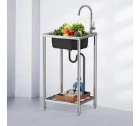 Évier de jardin portable en acier inoxydable avec étagère de rangement et robinet - Évier de cuisine profond autoportant pour une utilisation en intérieur et en extérieur, facile à nettoyer