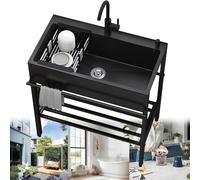 Évier de la buanderie avec Robinet, évier de Services publics Noir en Acier Inoxydable Libre, Ensemble de baignoires de Lavage à la Main en Plein air, lavabos commerciaux de Bassin Simples autonomes