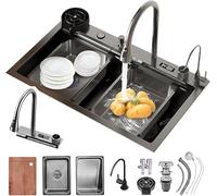 Évier de poste de travail à double cuve avec robinet extractible en acier inoxydable Ensemble de lavabo de cuisine en forme de cascade avec lave-pots à pression, planche à découper et panier égouttoir