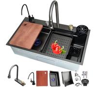 Évier de poste de travail cascade en acier inoxydable noir avec robinet extractible, revêtement nano - cuve unique avec siphon trop-plein et bonde de vidange - Mise à niveau de cuisine moderne
