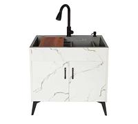 Évier de restauration autonome en acier inoxydable avec robinet chaud et froid pour cuisine, buanderie, restaurant et sous-sol, blanc avec étagères de rangement