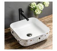 Évier de salle de bain carré moderne en porcelaine de 38,4 x 38,4 cm - Lavabo blanc à poser avec robinet noir et drain - Accessoire de salle de bain élégant pour rénovation de la maison