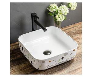 Évier de salle de bain carré moderne en porcelaine de 38,4 x 38,4 cm - Lavabo blanc à poser avec robinet noir et drain - Accessoire de salle de bain élégant pour rénovation de la maison