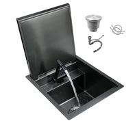 Évier de salle de bain en acier inoxydable 304 avec robinet SlowCng Cover Black Bar Sink pour caravane, camping-car, bateau, cuisine, 36 x 42 cm