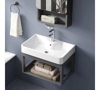 Évier de salle de bain mural moderne en céramique, lavabo rectangulaire avec trop-plein, étagère en métal peu encombrante pour la maison ou l'hôtel