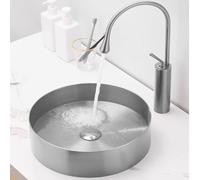 Évier de salle de bain rond moderne en acier inoxydable avec bonde pop-up - 37,6 x 37,6 x 10,9 cm (L x l x H) - Évier au-dessus du comptoir pour maison, hôtel, bureau - Facile à installer