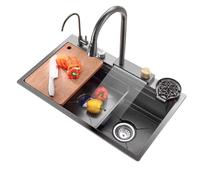 Évier de Travail en Acier Inoxydable, Montage Double sur Plan avec Robinet extractible, cuve Simple Commerciale, évier Cascade (68 x 45 cm, Gris Canon)