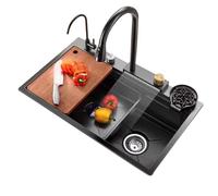 Évier de Travail en Acier Inoxydable, Montage Double sur Plan avec Robinet extractible, cuve Simple Commerciale, évier Cascade (78 x 45 cm, Noir)