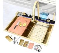 Évier de travail intelligent avec affichage de la température, évier de cuisine encastrable en acier inoxydable, design cascade unique, robinet extractible, accessoires complets (68 cm)