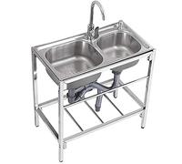 Évier d'extérieur à 2 bacs - Évier de cuisine mobile avec robinet d'eau chaude et froide - Dispositif de vidange en acier inoxydable 304 - Pour l'extérieur, l'intérieur, la cuisine, le restaurant,