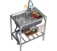 Évier d'extérieur à cuve unique en acier inoxydable avec robinet chaud et froid et égouttoir pour cuisine restaurant avec étagère de rangement