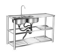Évier d'extérieur autonome en acier inoxydable - 2 bacs avec robinets et autres accessoires - Lavabo commercial de cuisine pour extérieur, intérieur, cuisine, restaurant - L 120 x l 45 x H 80 cm