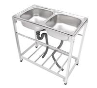 Évier d'extérieur double autonome en acier inoxydable, multifonction avec étagère de rangement, évier de cuisine commercial, 2 bacs pour jardin, garage, restauration