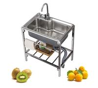 Évier d'extérieur portable en acier inoxydable avec bonde et robinet - Idéal pour bars, hôtels et maisons - Station de lavage sur pied 70 x 46 cm en argent pour un nettoyage facile et un confort