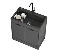 Évier d'extérieur portable en acier inoxydable avec pieds, robinet de cuisine et vidange Noir Station de lavage de jardin pour la préparation des aliments et l'utilisation utilitaire