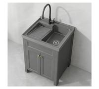 Évier Domestique avec Planche à Laver et Étagère de Rangement H83 Cm (32,7") Evier Cuisine en Aluminium Large Ouverture Cuve Profonde Arrondis Bord Non-éclaboussures(27.6x22.8x32.7")