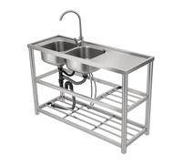 Évier Double Bac Inox 120x45x80cm, Évier de Cuisine Autonome avec Robinet 360°, Évier 2 Vasques avec Étagère de Rangement, Pour Cuisine Garage Laboratoire Buanderie, Trous Anti-Débordement, Acier 201