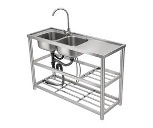 Évier Double Bac Inox 120x45x80cm, Évier de Cuisine Autonome avec Robinet 360°, Évier 2 Vasques avec Étagère de Rangement, Pour Cuisine Garage Laboratoire Buanderie, Trous Anti-Débordement, Acier 201