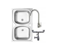 Évier double cuve en acier inoxydable - deante - Ensemble avec robinet et siphon - 80x50x14 cm - À poser