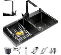 Évier Double Cuve Set, Évier en Acier Inoxydable 304 Noir Kit 8 Pièces Accessoires Complets Épaissir Hdmade Double Évier Encastré Montage Supérieur Ou sous-Plan, B, 82X45cm