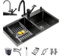 Évier Double Cuve Set, Évier en Acier Inoxydable 304 Noir Kit 8 Pièces Accessoires Complets Épaissir Hdmade Double Évier Encastré Montage Supérieur Ou sous-Plan, E, 82X45cm