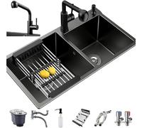 Évier Double Cuve Set, Évier en Acier Inoxydable 304 Noir Kit 8 Pièces Accessoires Complets Épaissir Hdmade Double Évier Encastré Montage Supérieur Ou sous-Plan, D, 80X45cm
