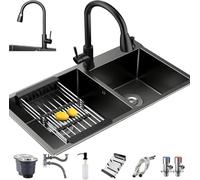 Évier Double Cuve Set, Évier en Acier Inoxydable 304 Noir Kit 8 Pièces Accessoires Complets Épaissir Hdmade Double Évier Encastré Montage Supérieur Ou sous-Plan, C, 80X45cm