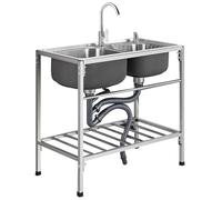 Evier double en acier inoxydable 304 pour l'extérieur avec robinet d'eau chaude et froide, filtre et drain anti-odeur Evier de buanderie pour le garage et l'arrière-cour