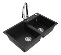 Évier double en granit Mexen Tomas avec robinet Elia, noir, extensible