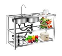 Évier double vasque autoportant en acier inoxydable avec plan de travail, robinet rotatif à 360°, design à 3 niveaux, évier en acier inoxydable avec robinet à 360° (120 x 45 x 80 cm, argent)