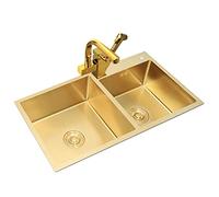 Évier double vasque de luxe en acier inoxydable pour cuisine et salle de bain - Grand design carré 78 x 43 cm finition dorée avec robinet et accessoires - Parfait pour les hôtels et les restaurants