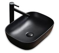 Évier élégant en céramique noire avec bonde pop-up et robinet - Évier de salle de bain moderne à poser sur le comptoir pour meuble-lavabo, salle de bains de maison et d'invités