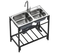 Évier en Acier D'extérieur à Double Cuve avec Robinet et Tuyaux D'eau Chaude et Froide, Évier de Cuisine avec Kit de Drainage, Support de Rangement pour Garage, Buanderie, 83 * 44 * 85 CM