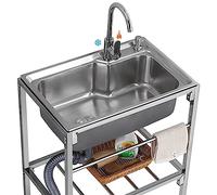 Évier en Acier Inox 304, Évier de Cuisine sur Pieds avec Robinet Chaude et Froide, Évier de Restaurant Commercial, Grand Évier Professionnel pour Restauration Garage Buanderie Extérieur 68cm