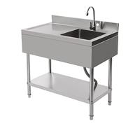 Évier en acier inoxydable - 1 lavabo - Capacité de charge : 300 kg - Grand bac à 360° - Protection anti-éclaboussures - Pour cuisine et restaurant - Complet avec passoire - Argenté - Avec 1 panier et