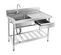 Évier en acier inoxydable 100 x 60 x 80 cm pour cuisine et gastronomie, lavabo avec évier gauche, tiroir et espace de rangement, robinet et protection anti-éclaboussures (A)