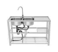 Évier en acier inoxydable - 120 x 45 x 80 cm - 2 bacs - Évier commercial avec robinet, tuyaux d'eau froide et chaude et 3 tuyaux de drainage pour extérieur, intérieur, cuisine, restaurant